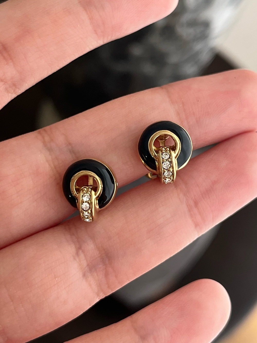 Authentic Vintage Dior Mini Door Knocker Black Enamel Stone Gold Clip Earrings